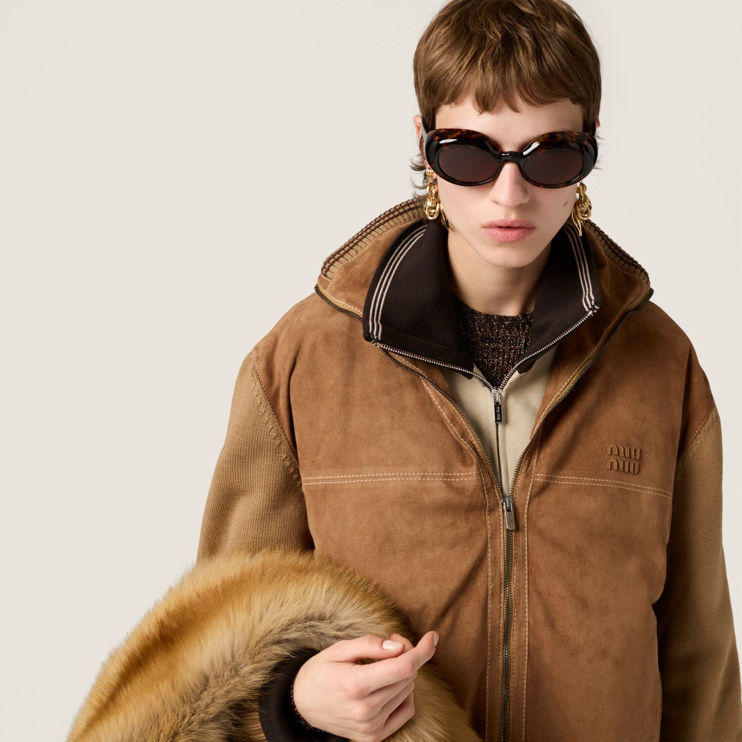 MiuMiu Men's And Women's Fall/winter Fashion Casual Color Block Collared Zipper Suede Badge Knit Jacket #79195