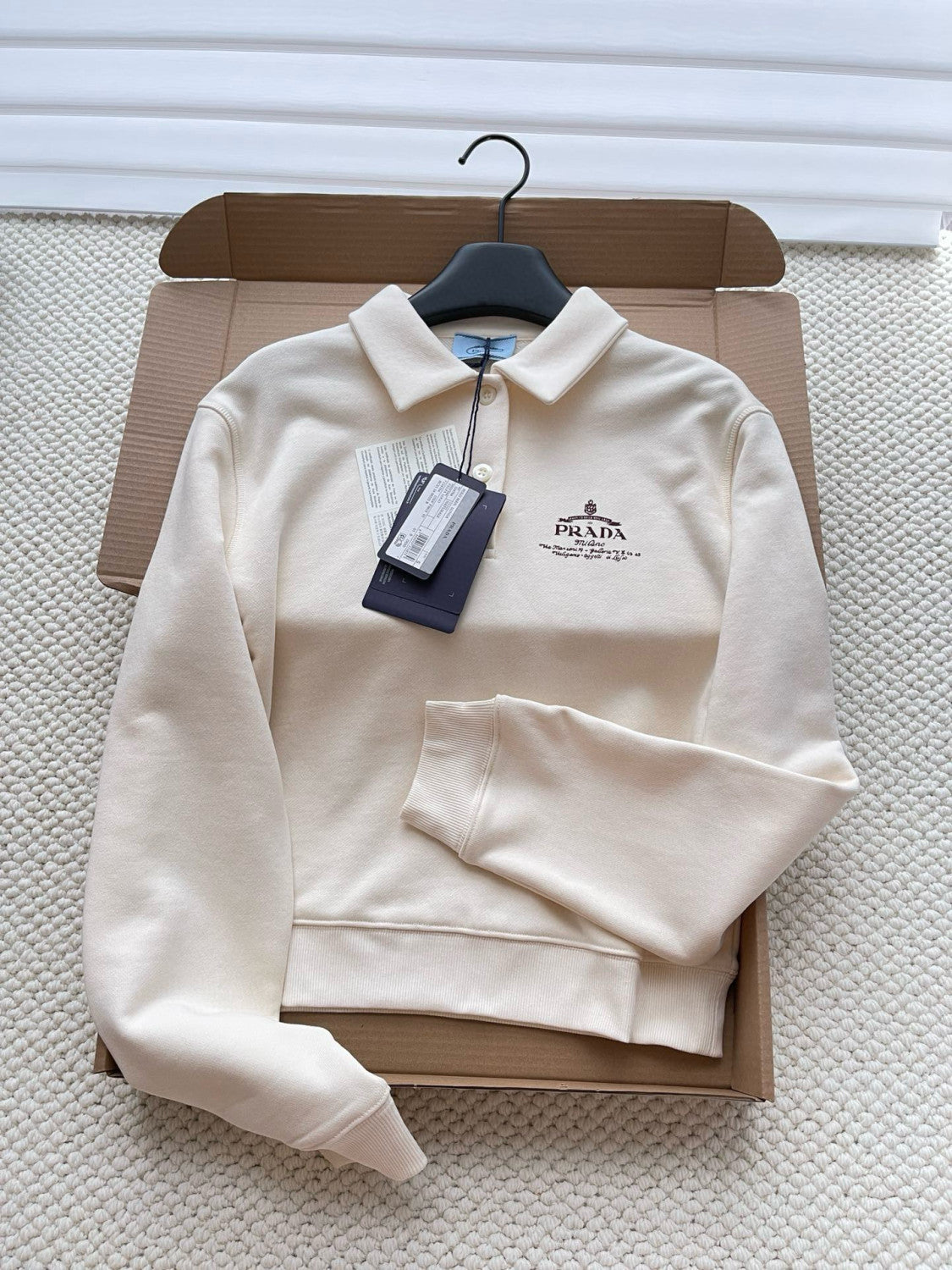Prada Cotton Fleece Polo Shirt Women's Fall And Winter White Lapel Long Sleeve Sweatshirt Pullover Logo T-shirt #81542
