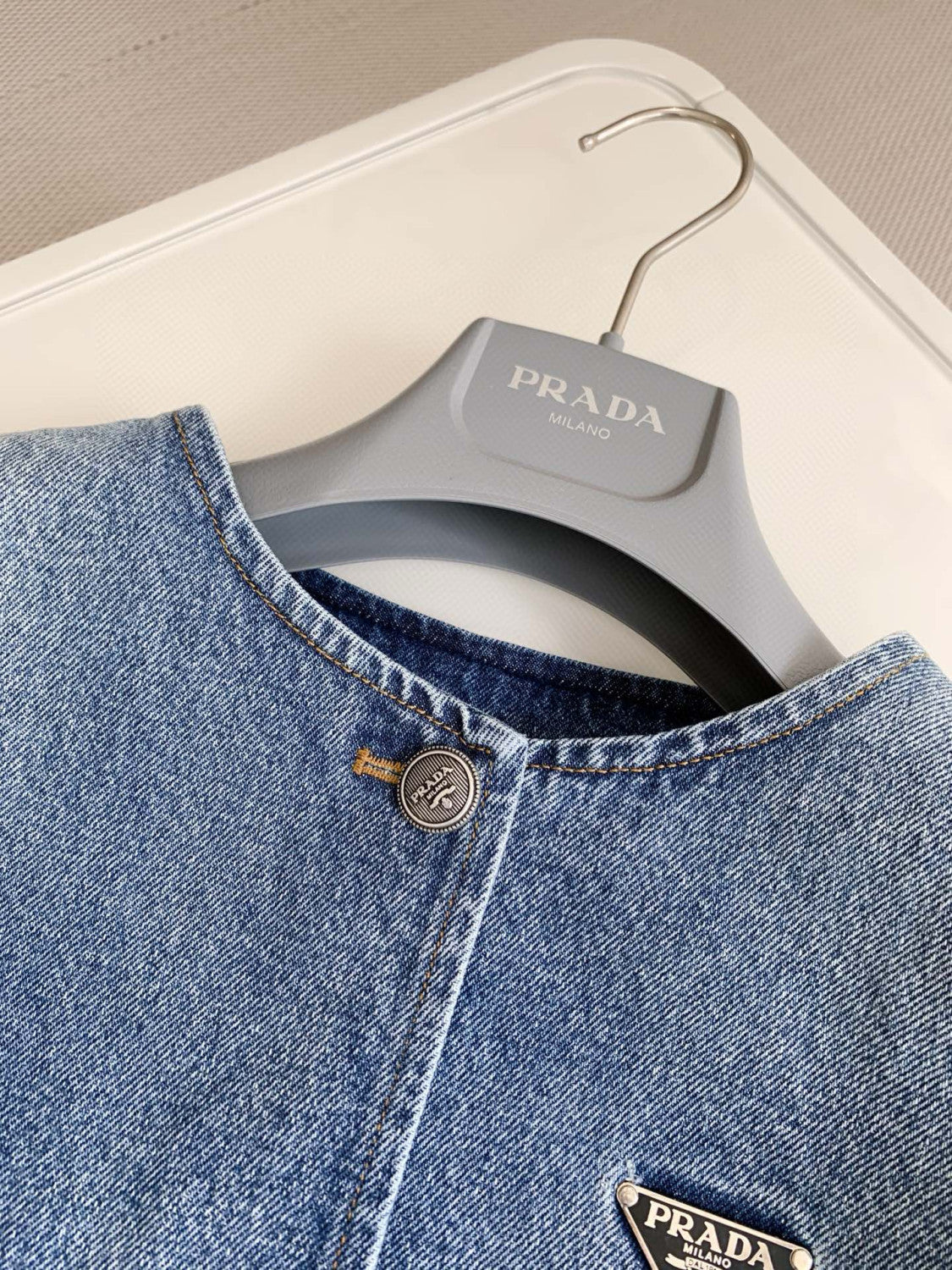 Prada Women's Spring/Summer/Fall Triangle Logo Waistband Denim Solid Color Single-Breasted Short Cotton Denim Blouson Jacket #81583