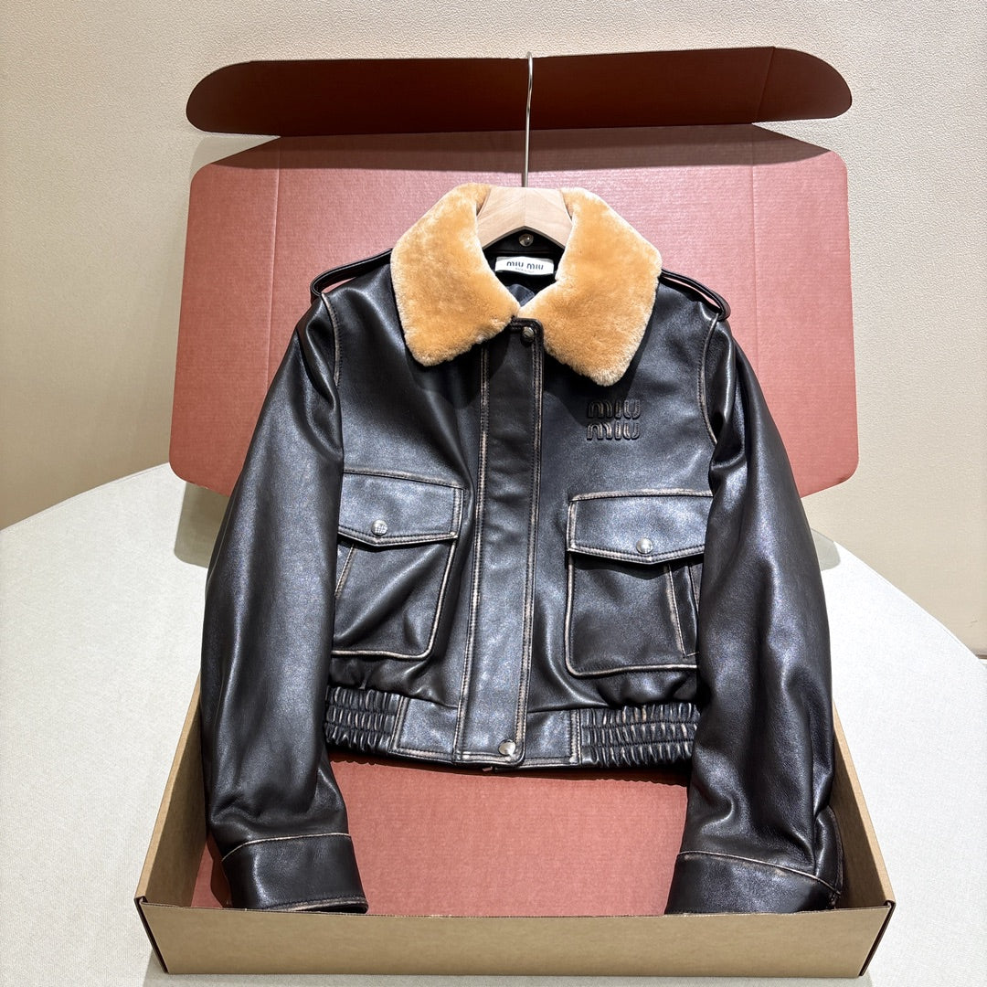 MiuMiu Women's Fur Collar Vintage Distressed Zip Black Nappa Leather Jacket #332783