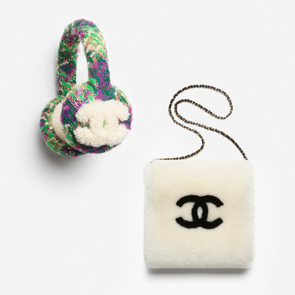 Chanel Muff Earmuffs Shearling Lambskin Tweed Ecru #335043