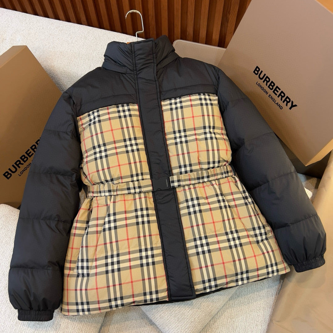 Burberry Women's Winter Fashion Casual Color Blocked High Neck Zipper Reversible Checkered Waist-Defining Down Jacket #78983