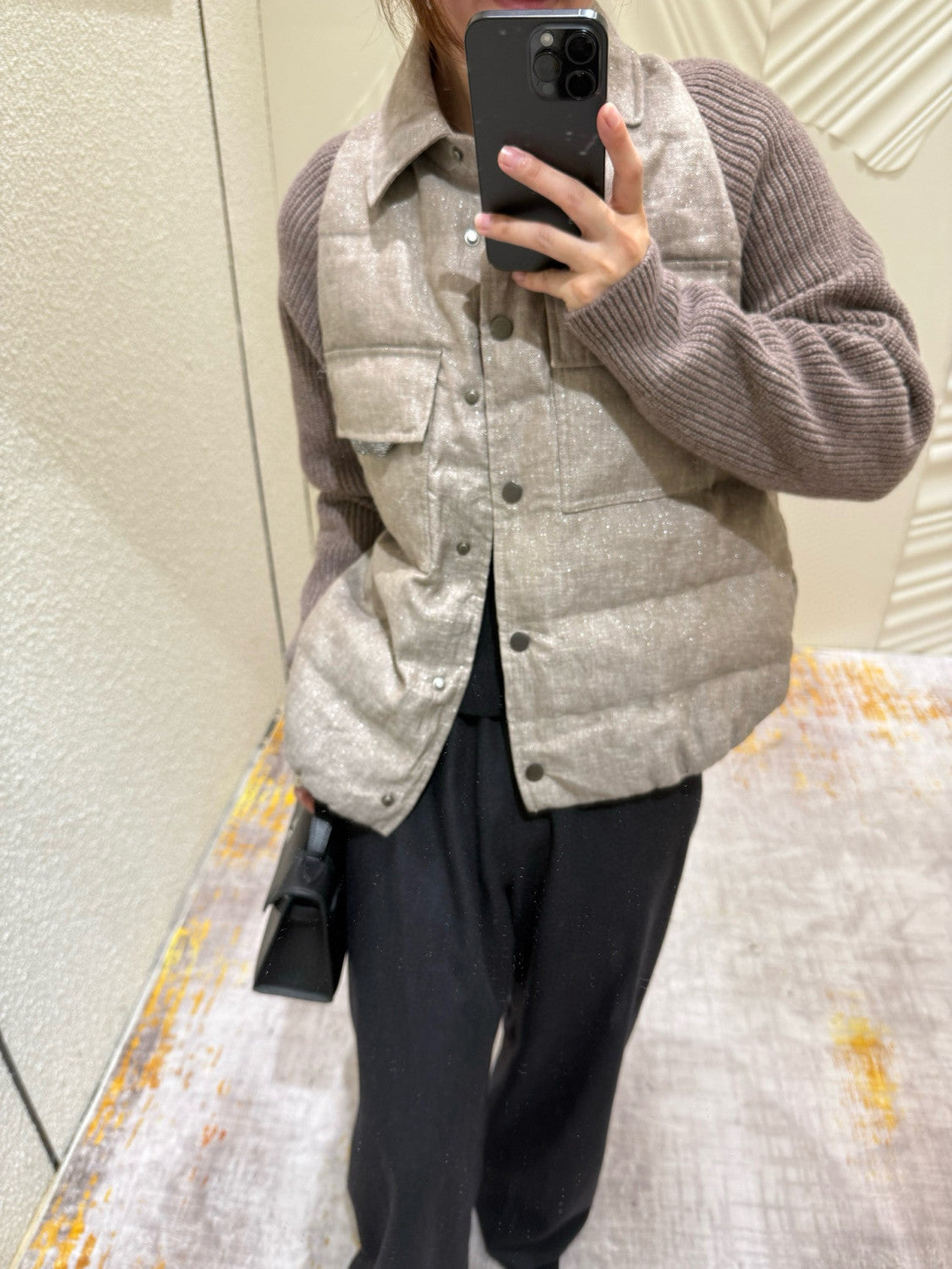 Brunello Cucinelli Women's Autumn And Winter Linen Goose Down Jacket 100% Wool Knit Sleeve Sequins Accessories Single Breasted Jacket Ngvp #2648