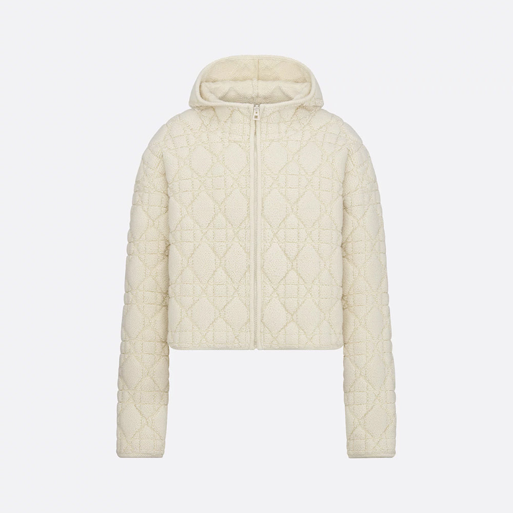 DiorZip Hooded Cardigan White Sheep Wool Blend Textured Knit Cannage #332748