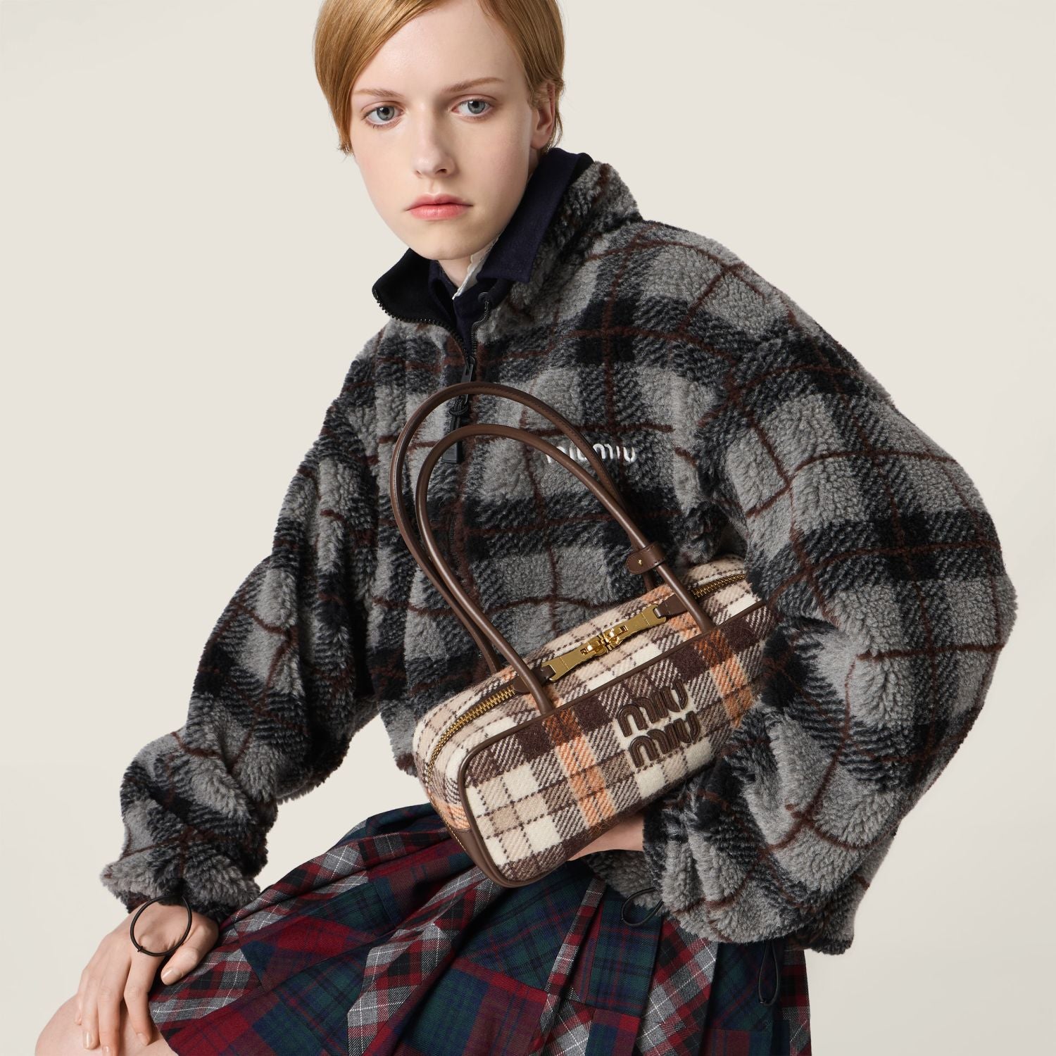 MiuMiu Gray black Checked Teddy Zipper Jacket #335443