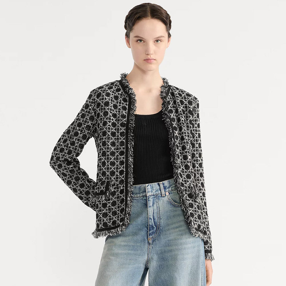 DIOR Macrocannage Regular Fit Jacket Mid-Length Macrocannage Flared Skirt  Black White Cotton-Blend Tweed Knit  #334340